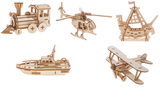 Woodcraft 3D Puzzles (Set of 5 includes Locomotive, Lifeboat, Sea Rover, Airplane, and Helicopter) with 5 Sets of Paints