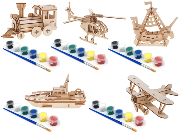 Woodcraft 3D Puzzles (Set of 5 includes Locomotive, Lifeboat, Sea Rover, Airplane, and Helicopter) with 5 Sets of Paints