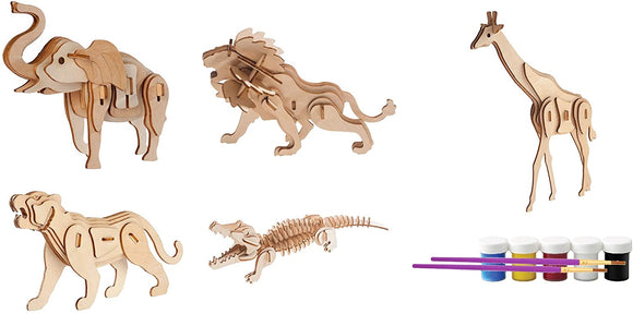 Original Hobby Safari Animal 3D Puzzles (Set of 5 Includes Lion, Giraffe, Tiger, Crocodile, Giraffe) with Punchout Scenery and Paints
