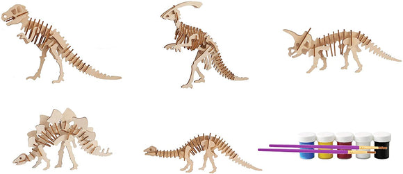 Original Hobby Dinosaur 3D Puzzles (Set of 5 Includes Tyrannosaurus Rex, Stegosaurus, Triceratops, Parasaurolophus, Brontosaurus) with Punchout Scenery and Paints