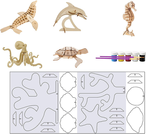 Original Hobby Sea Animal 3D Puzzles (Set of 5 Includes Dolphin, Sea Lion, Turtle, Octopus, Sea Horse) with Punchout Scenery and Paints